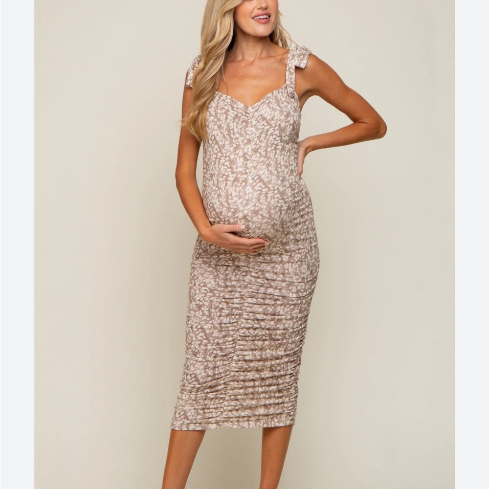 Beige and white animal print ruched maternity dress Pinkblush